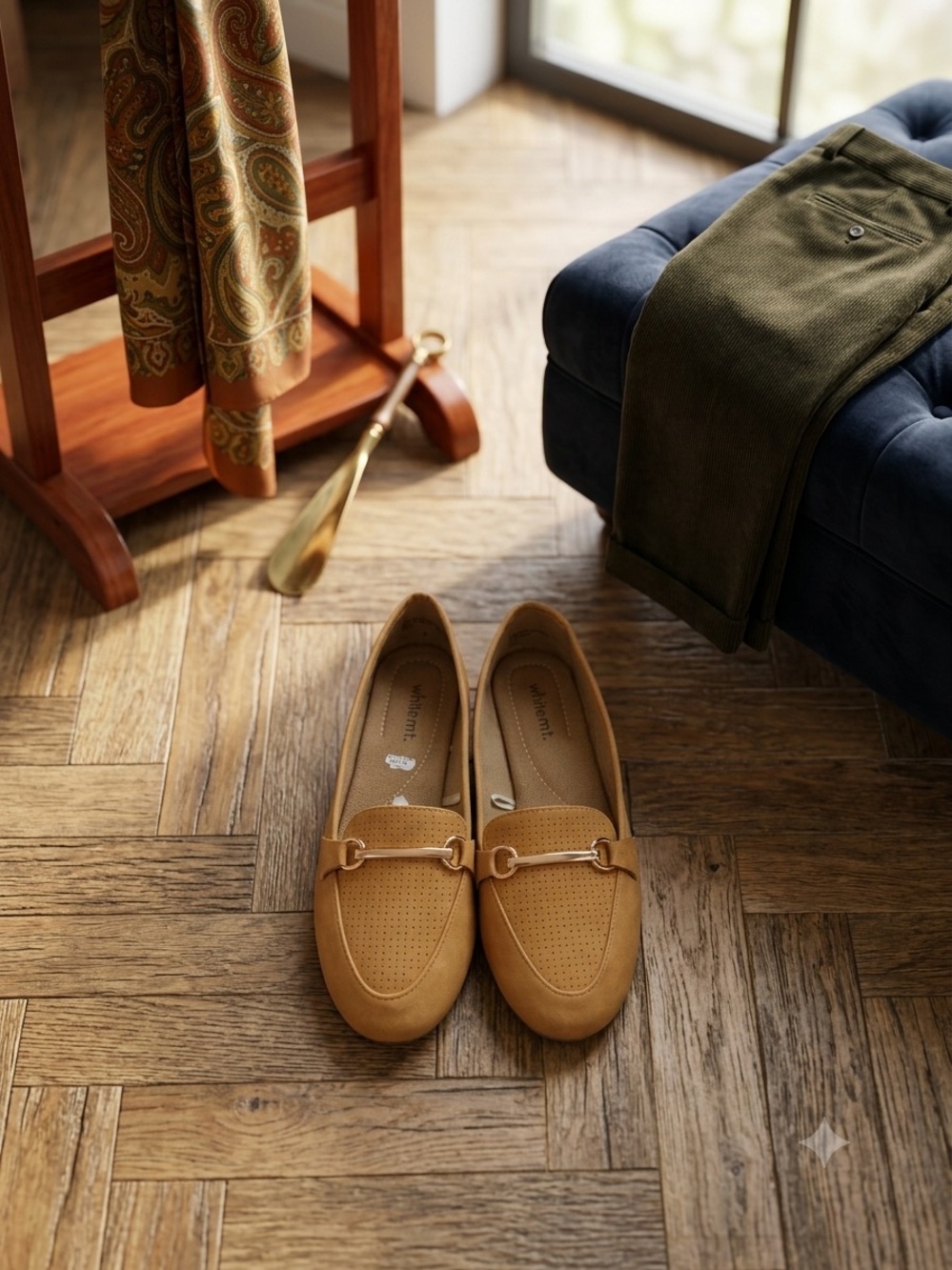 White & Yellow Flats with Gold Horsebit Buckle